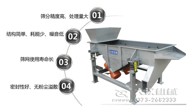 1016型直線振動篩特點：1，篩分精度高，處理量大。2，結(jié)構(gòu)簡單，耗能少，噪音低，3，篩網(wǎng)使用壽命長，密封性好無粉塵溢散。