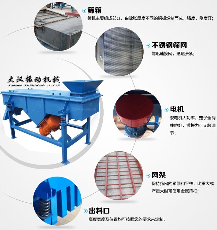525型直線振動篩結(jié)構(gòu)細節(jié)：篩箱：篩機主要組成部分，由數(shù)張厚度不同的鋼板焊制而成，強度，剛度好。不銹鋼篩網(wǎng)：能速換網(wǎng)，迅速張緊。電機：雙電機大功率，定子全銅線繞組，激振力可無級調(diào)節(jié)。網(wǎng)架：保持篩網(wǎng)的緊繃和平整，比重大或產(chǎn)量大時可使用金屬篩框。出料口：高度寬度及位置均可按照您的要求定制。