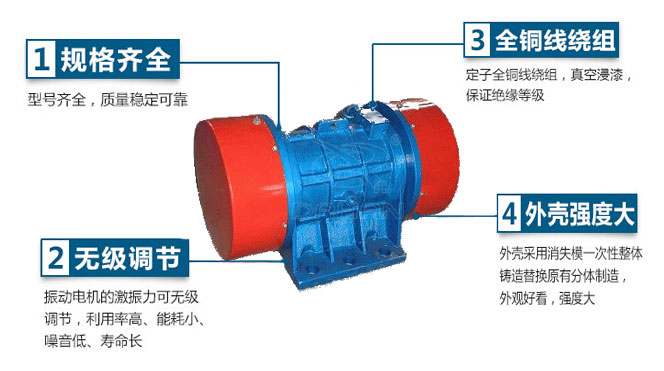 VB振動電機(jī)特點：1，規(guī)格齊全：型號齊全，質(zhì)量穩(wěn)定可靠。2，無極調(diào)節(jié)：振動電機(jī)的激振力可無極調(diào)節(jié)，利用率高，能耗小，噪音低，壽命長。4，外殼輕度大：外殼采用消失模一次性整體鑄造替換原有分體制造，外觀好看，強(qiáng)度大。