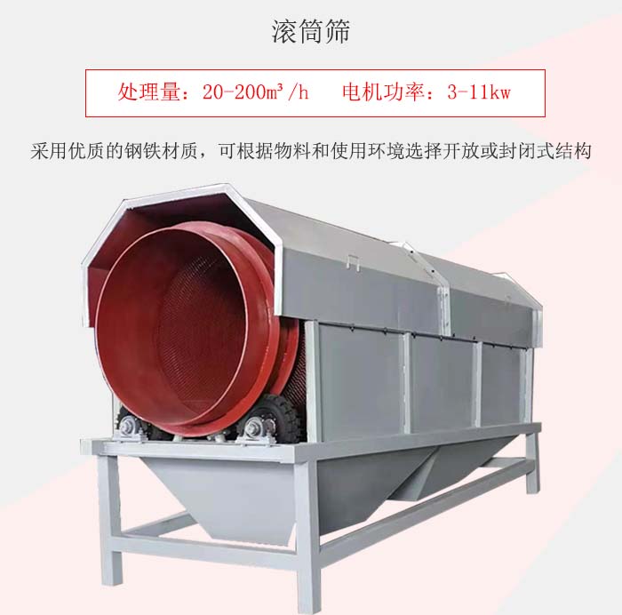 滾筒篩采用優(yōu)質(zhì)的鋼鐵材質(zhì)，可根據(jù)物料和使用環(huán)境選擇開放或封閉式結(jié)構(gòu)