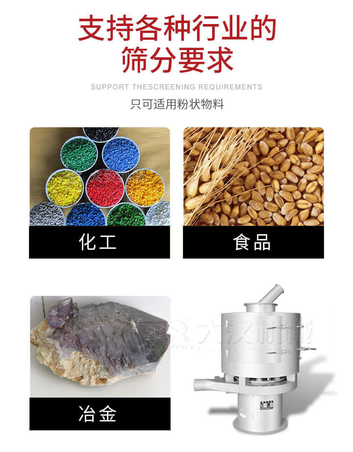 氣流篩用于礦粉，石墨粉，活性納米碳酸鈣，鋁灰，大豆粉，碳酸重鈣，石墨粉，木粉，干草，重金石粉，藥粉末，橡膠顆粒，草酸鹽，干料粉，木粉，聚酯粉，干粉，塑料，金屬粉末，橡膠粉，粉煤灰，石墨粉，陶瓷粉，鋅粉，石英粉，石灰粉，鐵粉，金屬硅粉等。