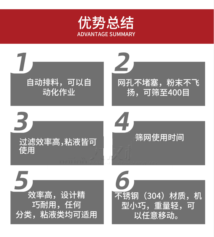 過濾篩優(yōu)勢總結(jié)：1，自動排料，可以自動化作用。2，網(wǎng)孔不堵塞，粉塵不飛揚，可篩至400目。3，過濾效率高，任何粒，粉，粘液也可使用。4，篩網(wǎng)設(shè)計大大提高了篩網(wǎng)使用時間，也魏換網(wǎng)提高了方便。5，效率高，設(shè)計精巧耐用，任何分類設(shè)計精巧耐用，任何分類，粘液類均可適用。6，不銹鋼材質(zhì)機型小巧，重量輕，可以任意移動。