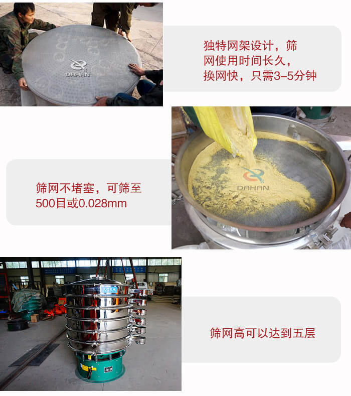 三次元振動篩的特點(diǎn)：篩網(wǎng)使用時間長換讓時間短，篩網(wǎng)不堵塞，可篩至500目或0.028mm。