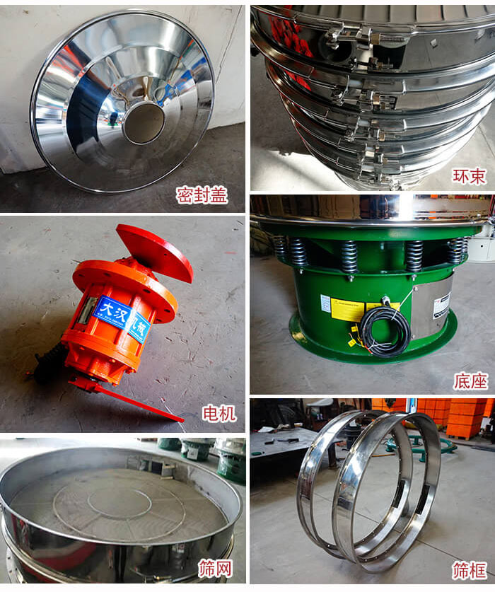 部件包括：密封蓋，環(huán)束，電機(jī)，底座，篩網(wǎng)，篩框等。