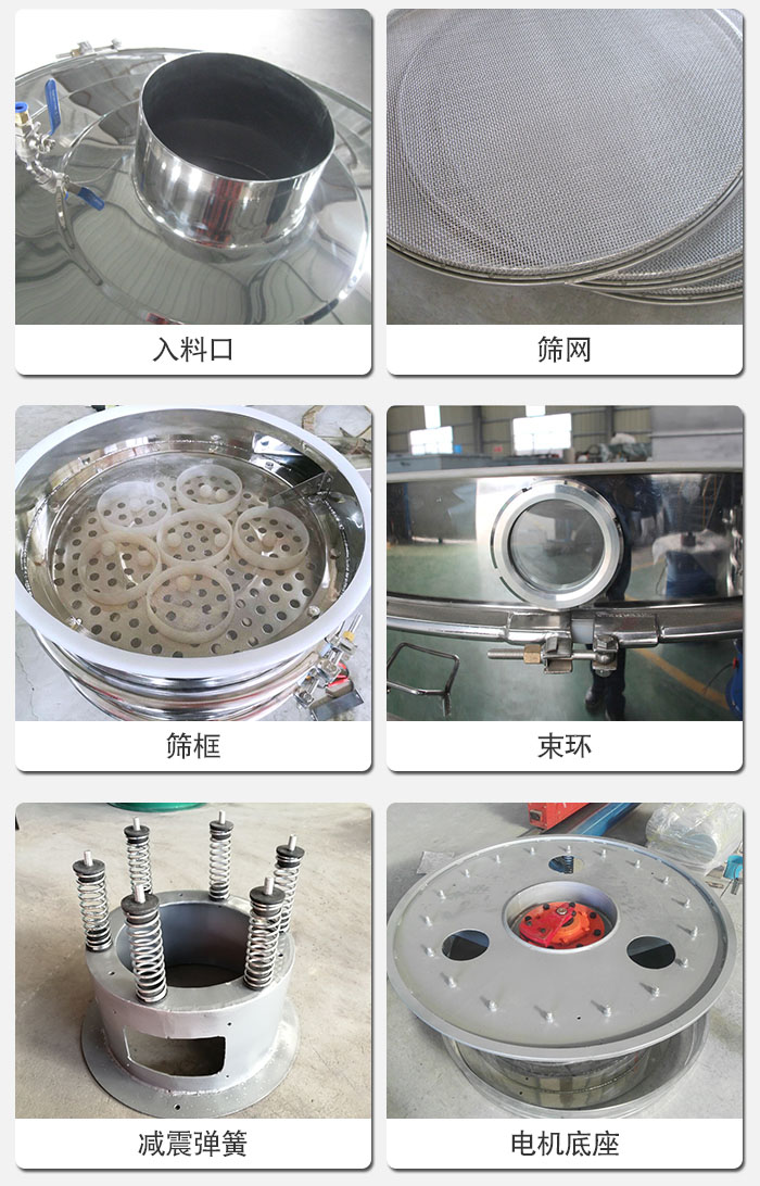 醫(yī)藥振動(dòng)篩有電機(jī)底座，減震彈簧，束環(huán)，篩框，入料口，篩網(wǎng)等部件展示。