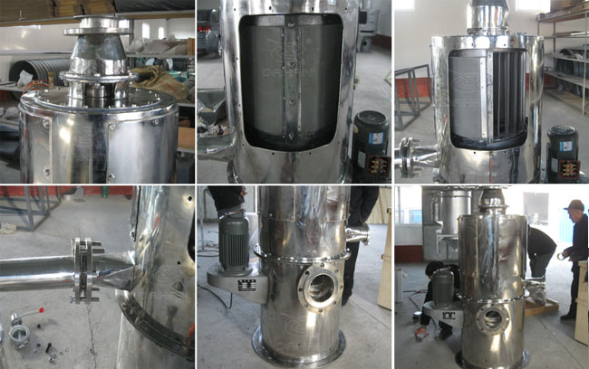 小型立式氣流篩細節(jié)：立式氣流篩篩網，立式氣流篩出料口，立式氣流篩電機。