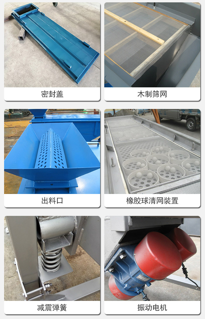 直線篩分機(jī)的結(jié)構(gòu)展示圖：篩箱是物料主要篩分設(shè)備之一，篩網(wǎng)用于篩分物料，振動電機(jī)幫助篩網(wǎng)篩分。