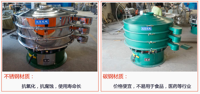 800型振動(dòng)篩有不銹鋼和碳鋼兩種材質(zhì)，不銹鋼材質(zhì)：抗氧化，抗腐蝕，使用壽命長(zhǎng) 碳鋼材質(zhì)：價(jià)格便宜，不易篩分食品，化工，醫(yī)藥等行業(yè)的物料。