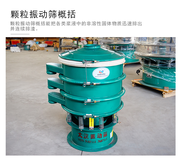 顆粒式振動篩是針對顆粒狀物料進行研發(fā)的，由于顆粒的形狀有很多的不同所以，廠家在清網(wǎng)裝置方面進行提升效率。