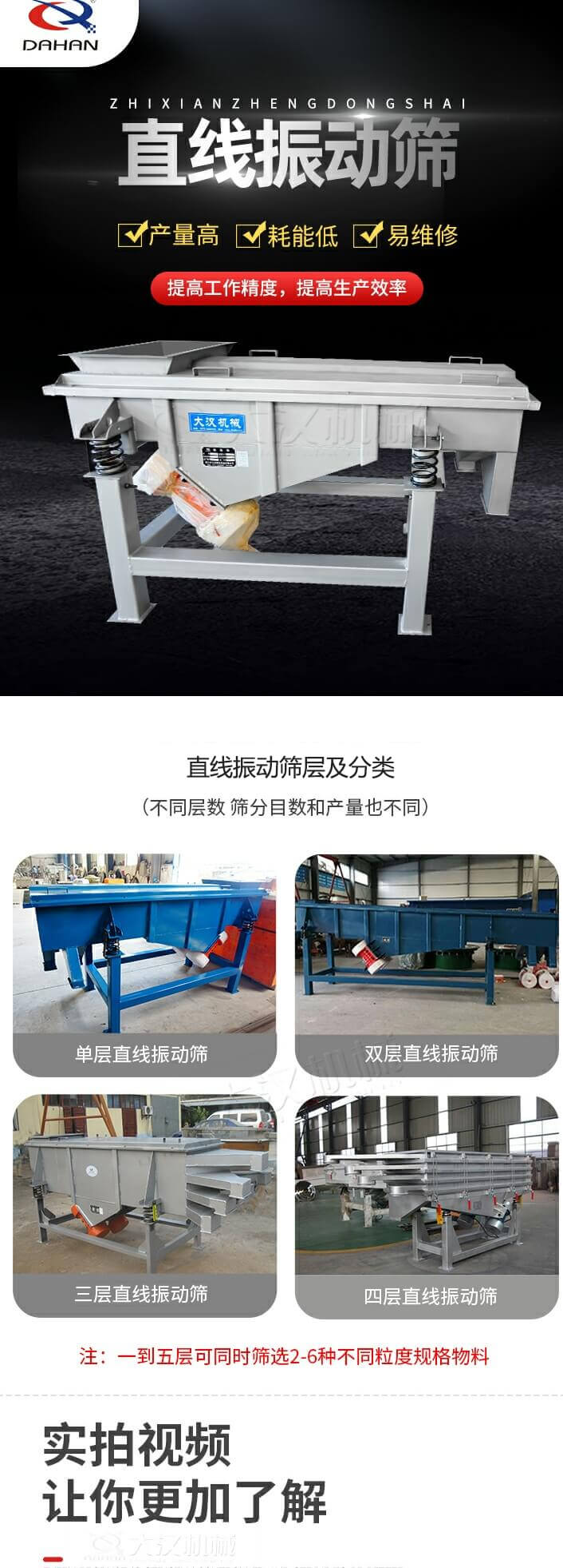 直線振動(dòng)篩概述，產(chǎn)量高，耗能低，易維修，提高工作精度，提高生產(chǎn)效率，直線振動(dòng)篩層級(jí)分類(lèi)：不同層數(shù)，篩分目數(shù)和產(chǎn)量也不同：?jiǎn)螌?，雙層，三層，四層等。