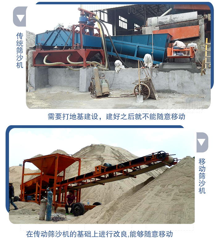 移動(dòng)的篩沙機(jī)在安裝前需要打地基，而固定完畢后就不能隨意的移動(dòng)，而移動(dòng)篩沙機(jī)不需要打地并且隨時(shí)能夠進(jìn)行移動(dòng)。