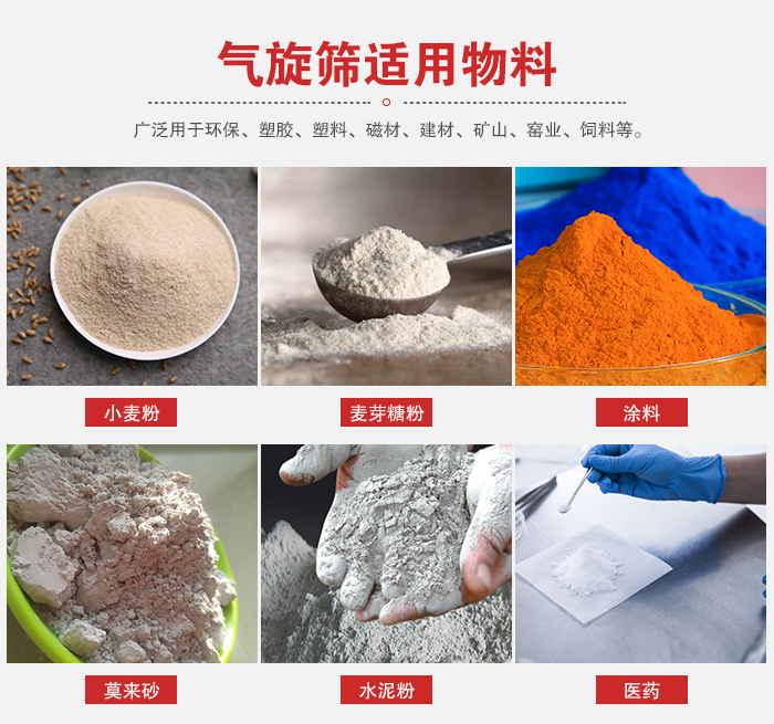 氣旋篩適用物料：小麥粉，麥芽糖粉，涂料，等粉狀物料。