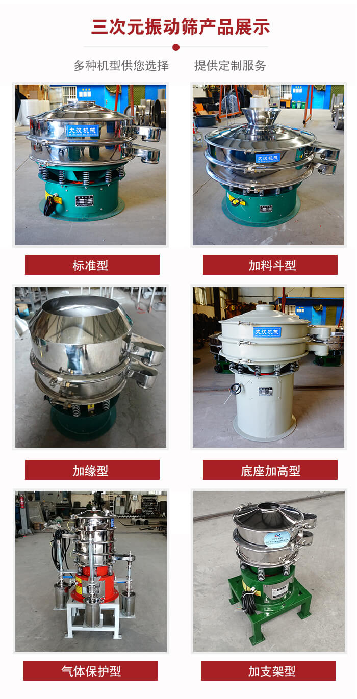 三次元振動篩不同結(jié)構(gòu)展示：標(biāo)準(zhǔn)型，加料斗型，加緣型，底座加高型，氣體保護(hù)型，加支架型。