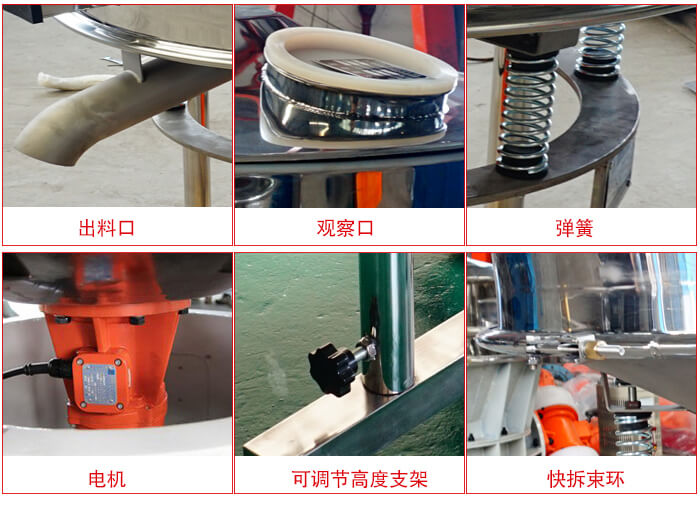高頻篩細(xì)節(jié)展示：出料口，觀察口，彈簧，電機(jī)，可調(diào)節(jié)高度支架，快拆束環(huán)。