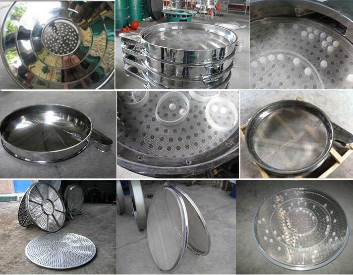 食品振動(dòng)篩細(xì)節(jié)展示：防塵蓋，篩框，網(wǎng)架，底框等。